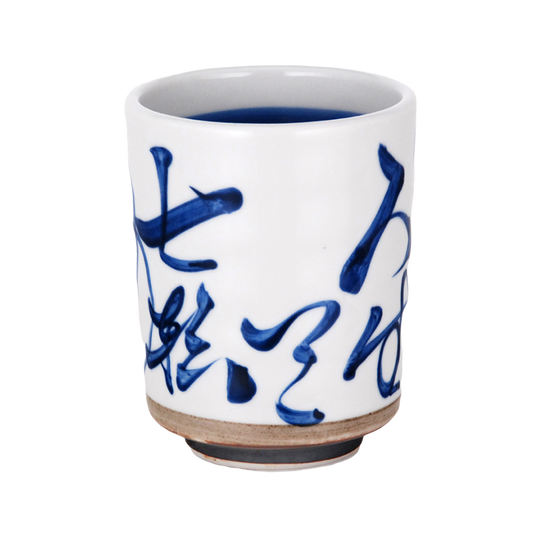 Tea Cup 10oz White with Blue Lettering